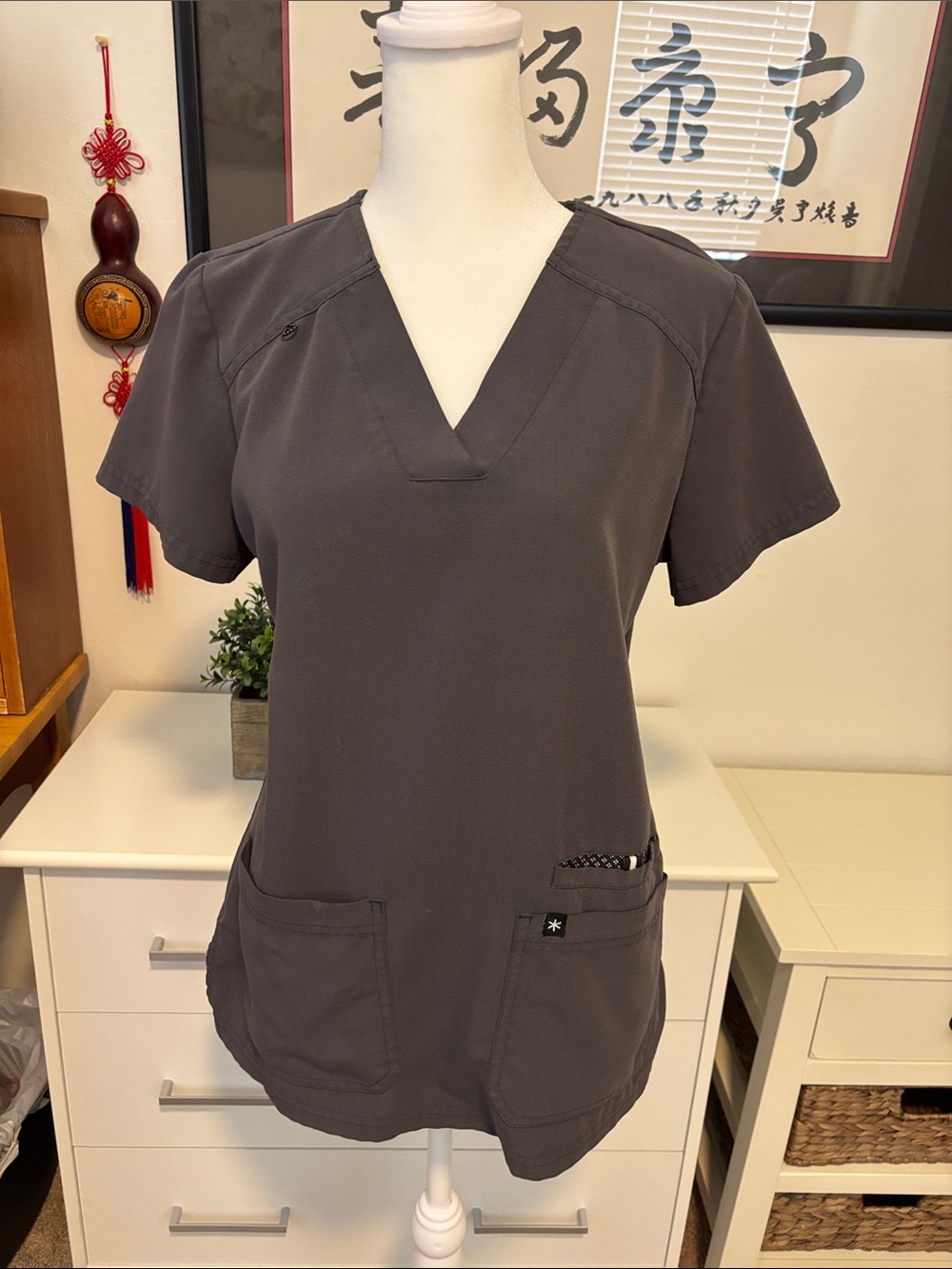 (2) Gray Beyond Scrubs Women's V-Neck Utility Scrub Tops